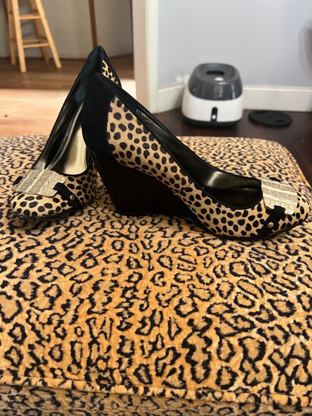 Carlos Falchi Leopard Print Wedge Pumps with Black Trim and Gold Buckle
